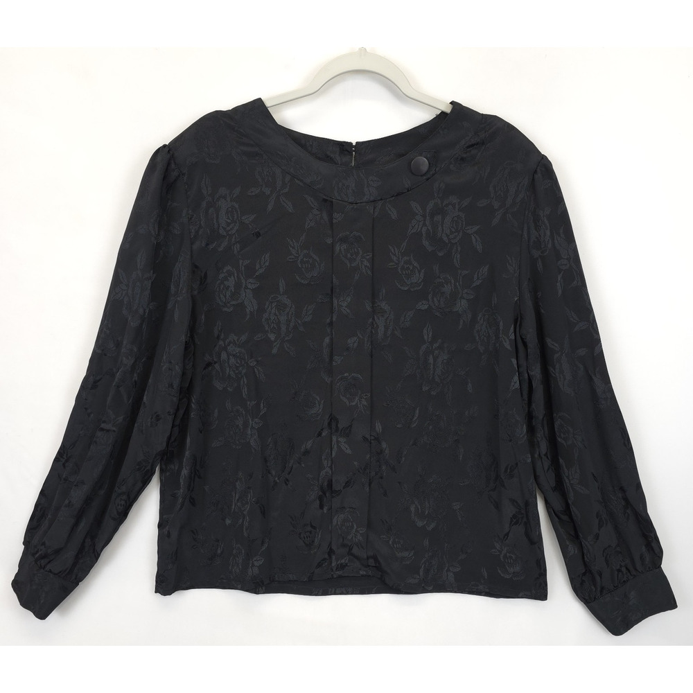 Jaclyn Smith Black Floral Burnout Blouse Shoulder Pads Women 14 Office Fairy